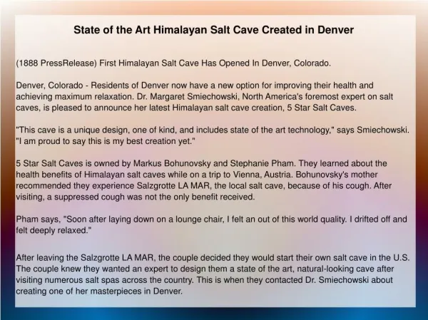 State of the Art Himalayan Salt Cave Created in Denver