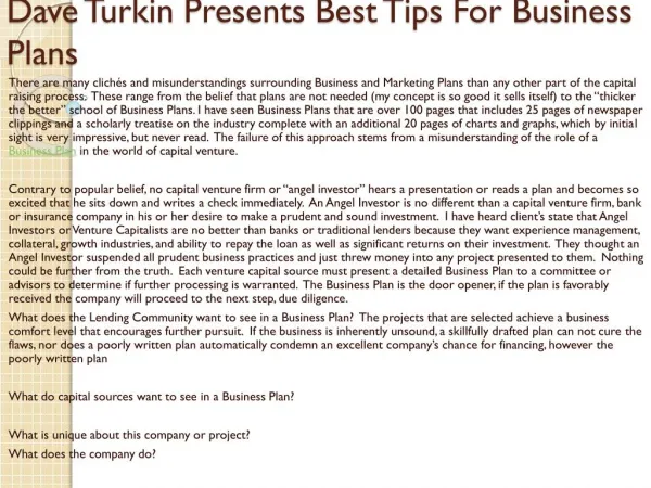 Dave Turkin Presents Best Tips For Business Plans