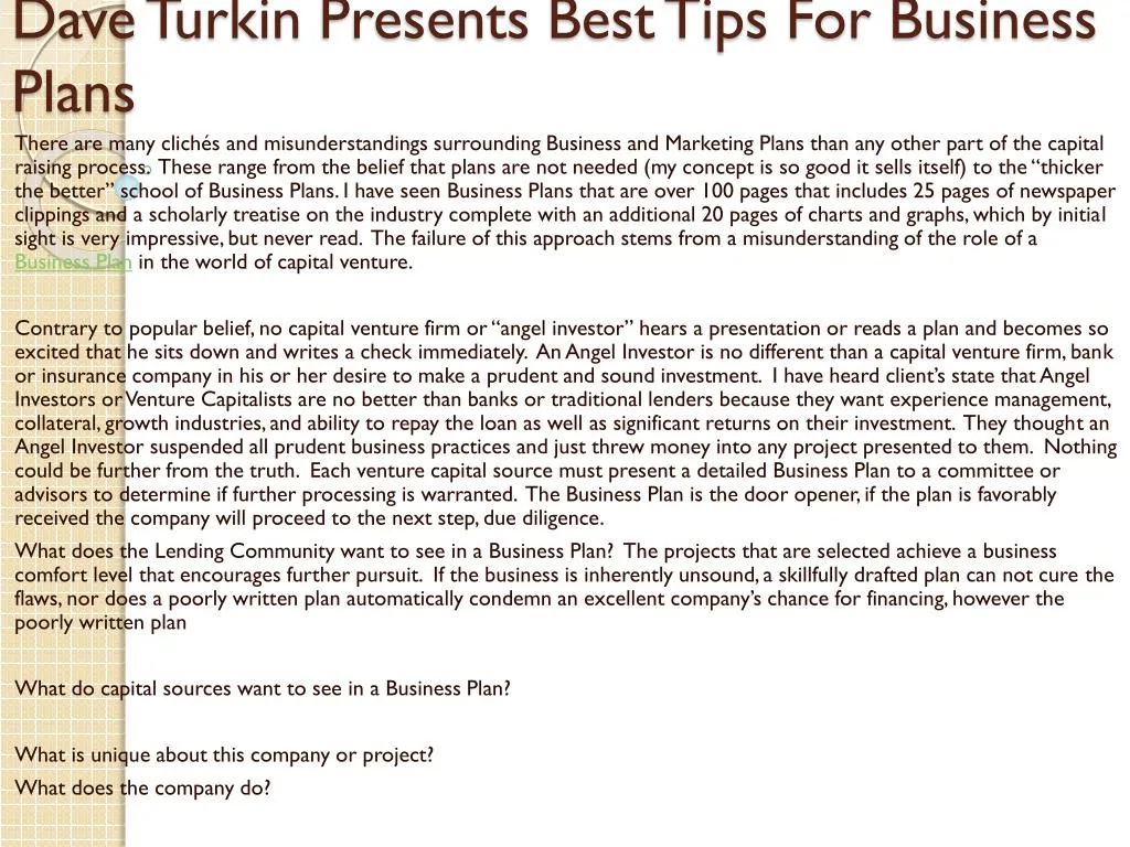 dave turkin presents best tips for business plans