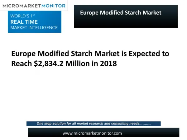 Europe Modified Starch Market is expected to reach $2,834.2 Million in 2018