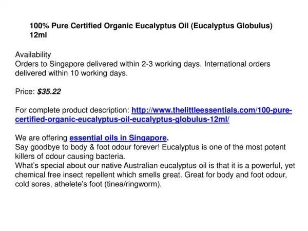 100% Pure Certified Organic Eucalyptus Oil (Eucalyptus Globulus) 12ml