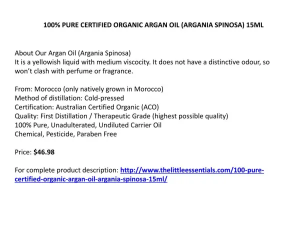 100% PURE CERTIFIED ORGANIC ARGAN OIL (ARGANIA SPINOSA) 15ML