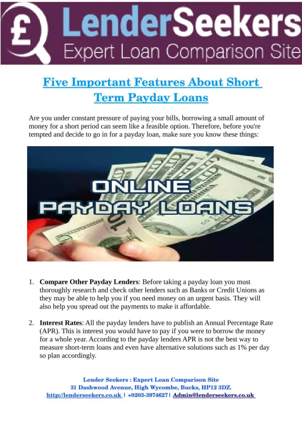 Five Important Features About Short Term Payday Loans