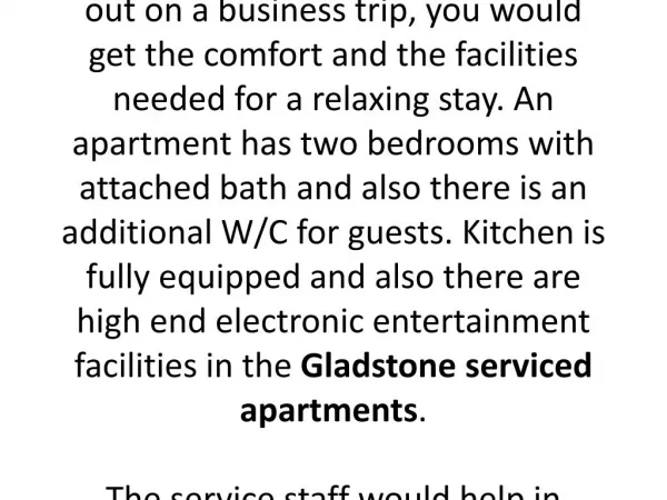 What Gladstone serviced apartments have to offer to travelers?