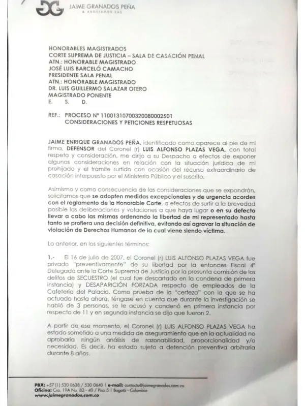 Solicitud Jaime Granados abogado del Coronel (r) Plazas Vega
