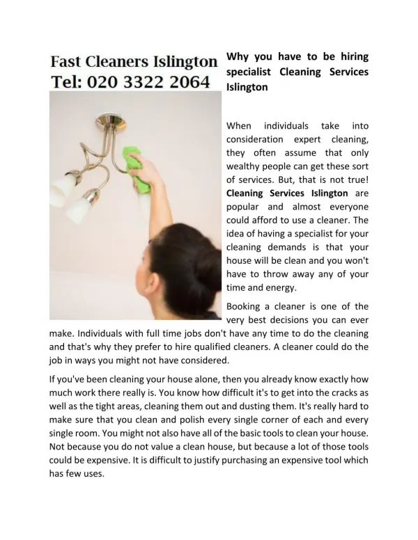Why you have to be hiring specialist Cleaning Services Islington