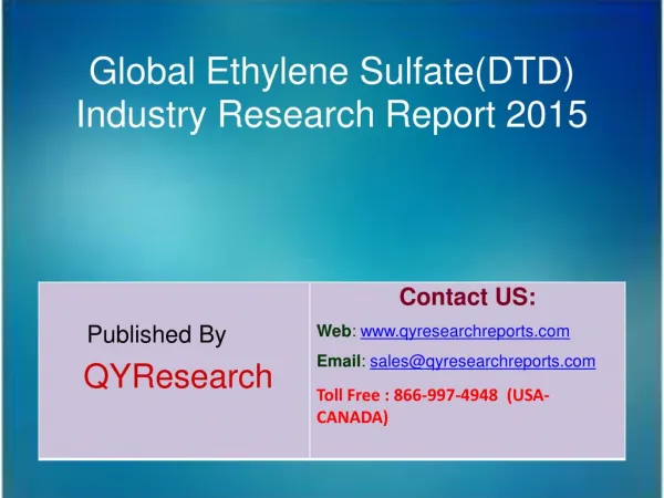Global Ethylene Sulfate(DTD) Market 2015 Industry Demands, Growth, Trends, Share, Forecast, Research and Analysis
