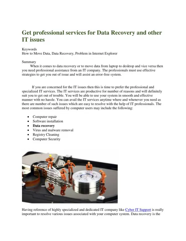 Get professional services for Data Recovery and other IT issues