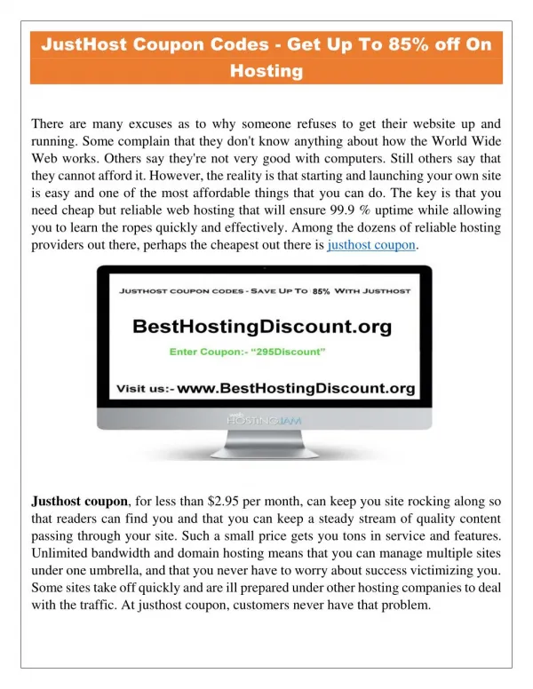 JustHost Coupon Codes - Get Up to 85% Off on Justhost Hosting