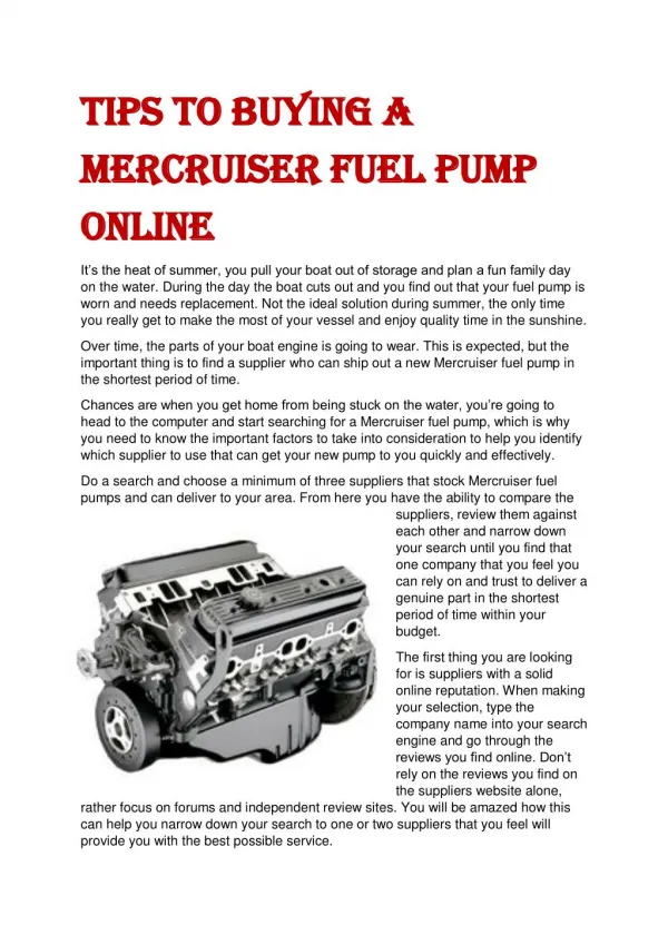 Tips to Buying a Mercruiser Fuel Pump Online