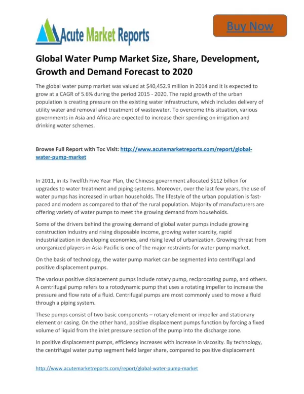 Global Water Pump to 2020 Market, - Industry Applications, Market Size, Segmentation, Compandy Share: Acute Market Repor