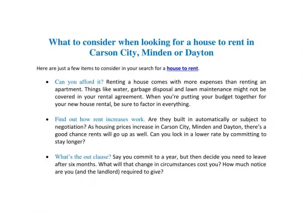 What to consider when looking for a house to rent in Carson City, Minden or Dayton