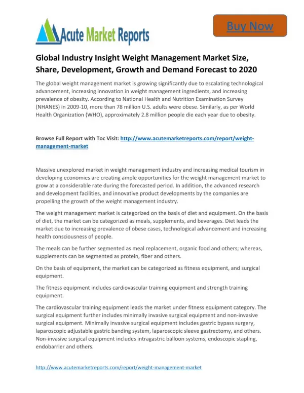 Global Industry Insight Weight Management to 2020 Market Size, Industry Trends,Growth Prospects Till,: Acute Market Repo