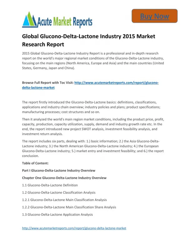 Global Glucono-Delta-Lactone Industry to 2020 Market - Global Industry analysis, Growth and Forecast,- Acute Market Repo