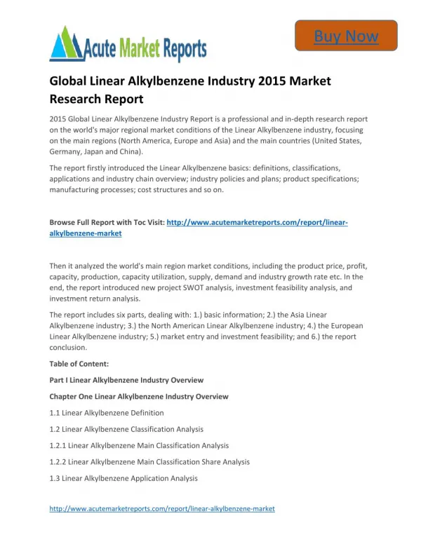 Global Linear Alkylbenzene Industry to 2020 Market - Global Industry analysis, Growth and Forecast,- Acute Market Report