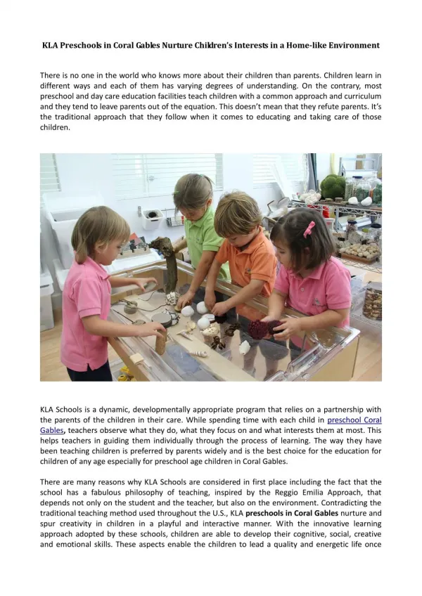 KLA Preschools in Coral Gables Nurture Children’s Interests in a Home-like Environment