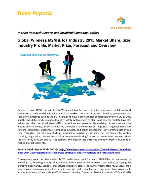 Wireless M2M & IoT Market, Shares, Strategies and Forecasts, Worldwide, 2014 to 2020
