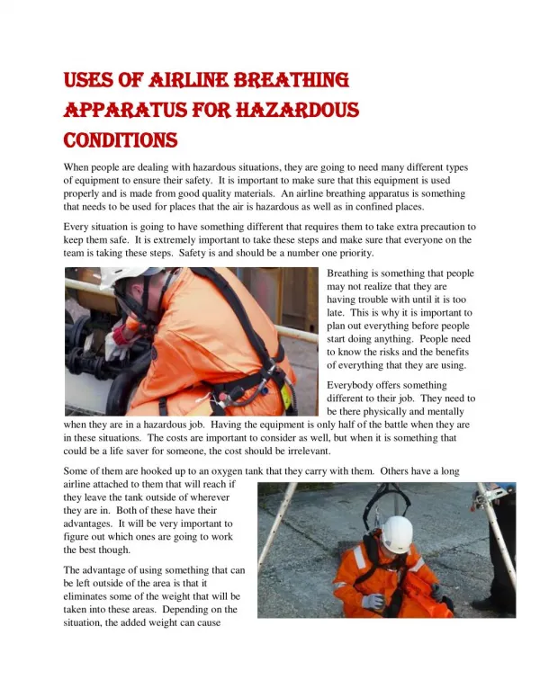 Uses of Airline Breathing Apparatus for Hazardous Conditions