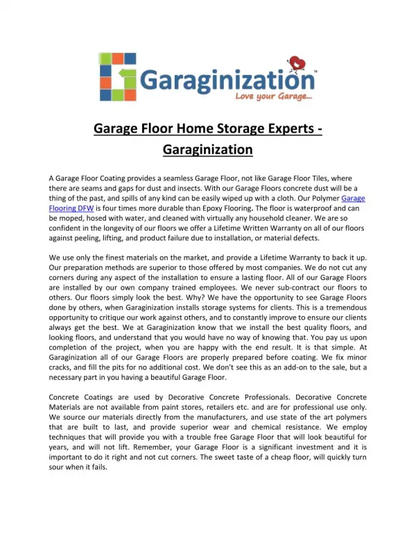 Garage Floor Home Storage Experts - Garaginization