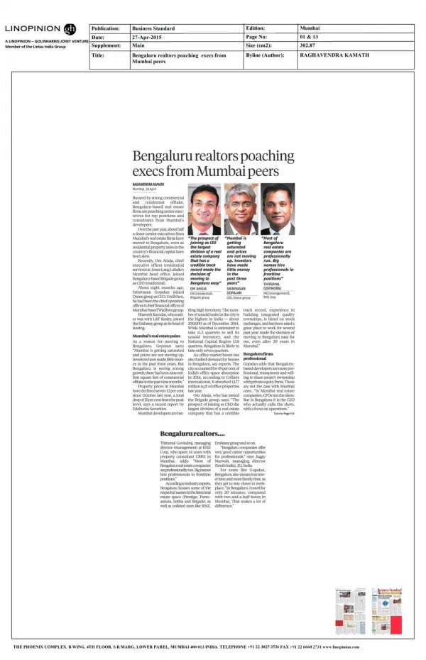 Ozone Group Business Standard 27 April 2015 Ozone Group