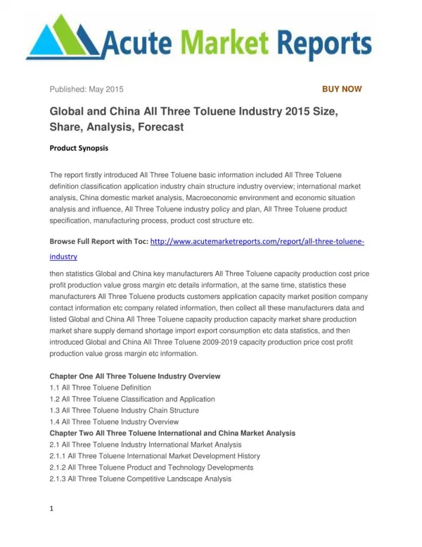 Global and China All Three Toluene Industry 2015 Size, Share, Analysis, Forecast