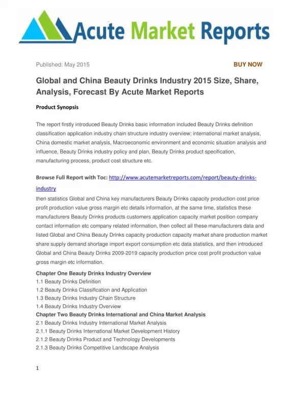 Global and China Beauty Drinks Industry 2015 Size, Share, Analysis, Forecast By Acute Market Reports