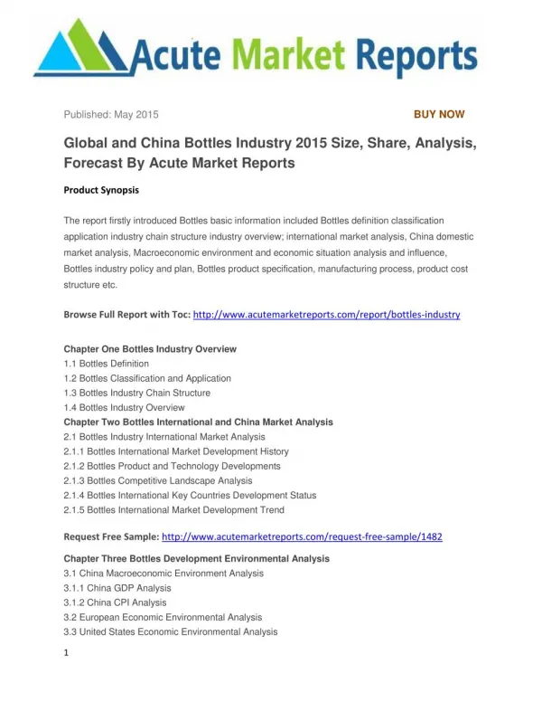 Global and China Bottles Industry 2015 Size, Share, Analysis, Forecast By Acute Market Reports