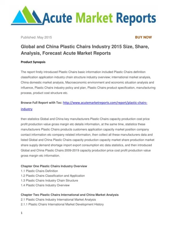 Global and China Plastic Chairs Industry 2015 Size, Share, Analysis, Forecast Acute Market Reports