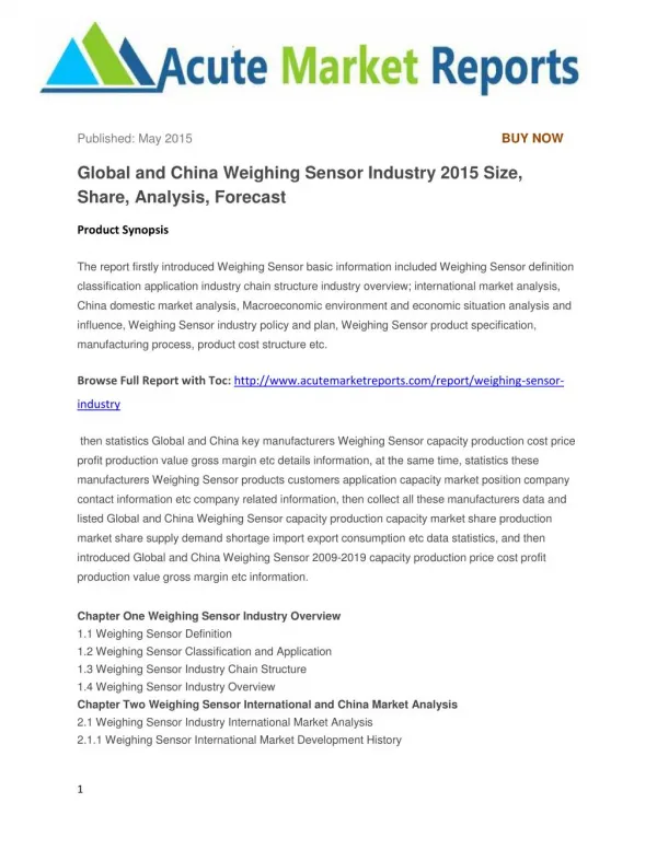 Global and China Weighing Sensor Industry 2015 Size, Share, Analysis, Forecast