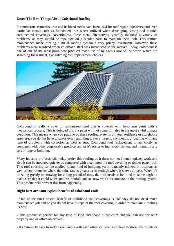 Know The Best Things About Colorbond Roofing
