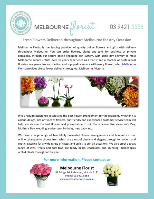 Fresh Flowers Delivered throughout Melbourne for Any Occasion
