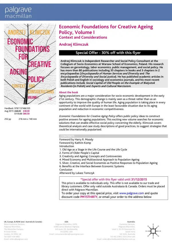 Economic Foundations for Creative Ageing Policy, Volume I