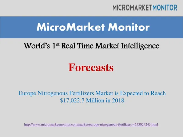 Europe Nitrogenous Fertilizers Market is Expected to Reach $17,022.7 Million in 2018