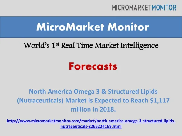 North America Omega 3 & Structured Lipids (Nutraceuticals) Market is Expected to Reach $1,117 million in 2018