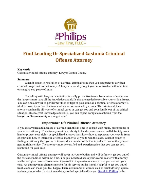 Find Leading Or Specialized Gastonia Criminal Offense Attorney