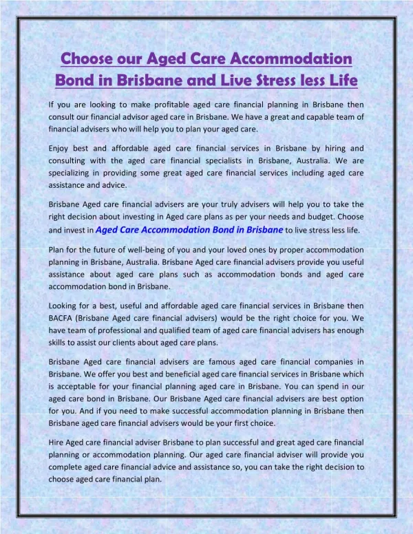 Choose our Aged Care Accommodation Bond in Brisbane and Live Stress less Life