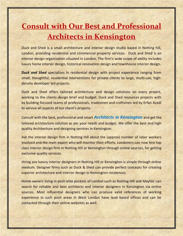 Consult with Our Best and Professional Architects in Kensington