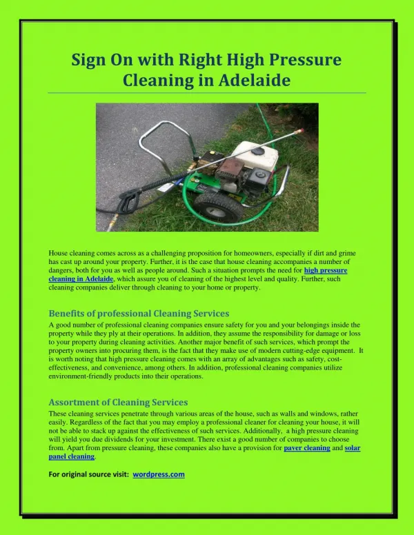 Sign On with Right High Pressure Cleaning in Adelaide