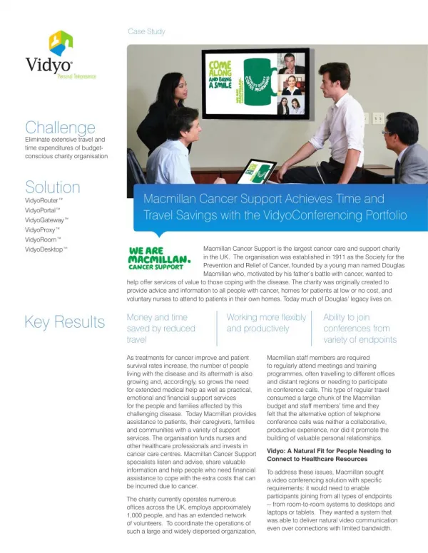 Macmillan Cancer Support Achieves Time and Travel Savings with VidyoConferencing