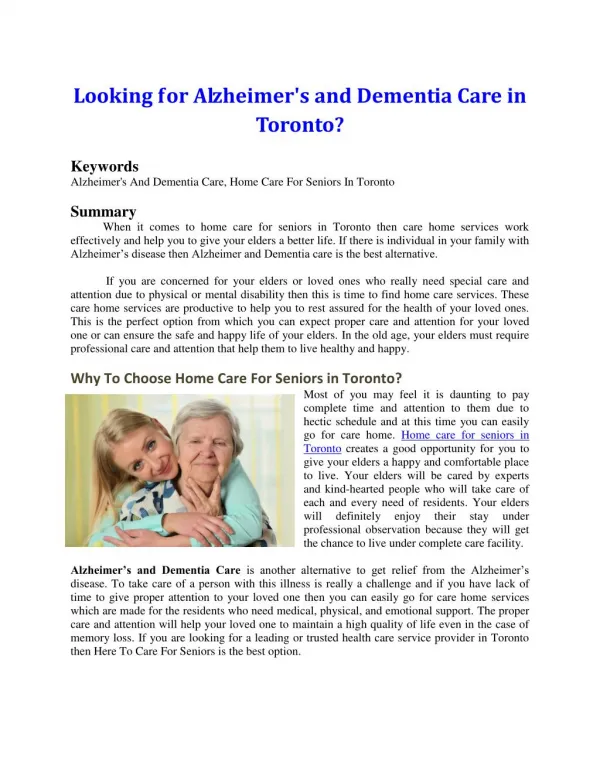 Looking for Alzheimer's and Dementia Care in Toronto?