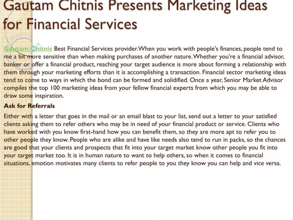 Gautam Chitnis Presents Marketing Ideas for Financial Services