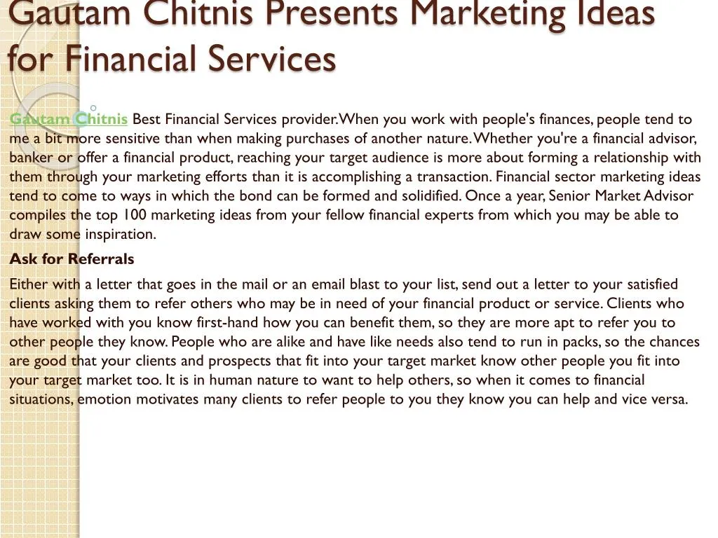 gautam chitnis presents marketing ideas for financial services