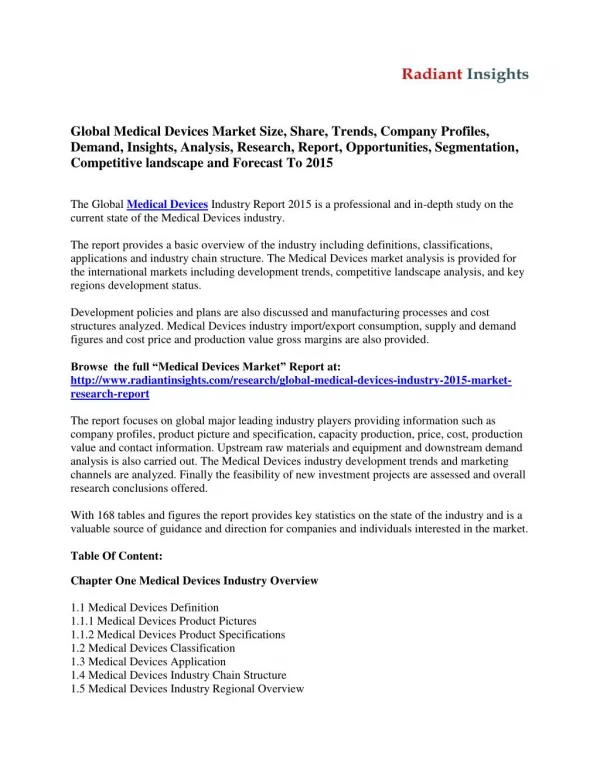Global Medical Devices Market To Grow At A CAGR of 4.46% From 2014-2018