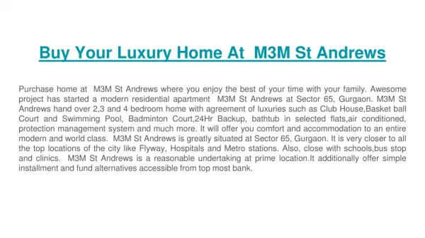 Buy Your Luxury Home At M3M St Andrews