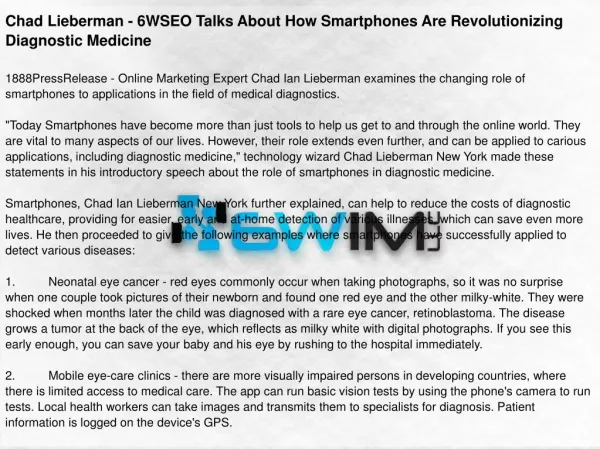 Chad Lieberman - 6WSEO Talks About How Smartphones Are Revolutionizing Diagnostic Medicine