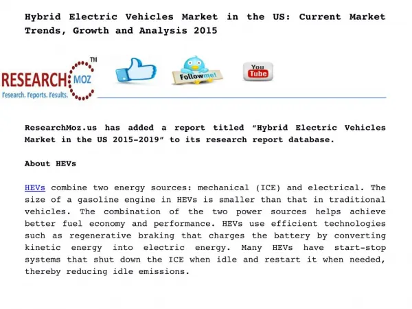 Hybrid Electric Vehicles Market in the US: Current Market Trends, Growth and Analysis 2015