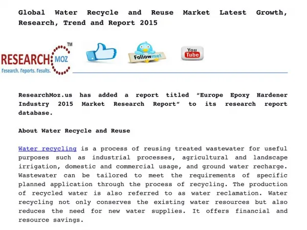 Global Water Recycle and Reuse Market Latest Growth, Research, Trend and Report 2015