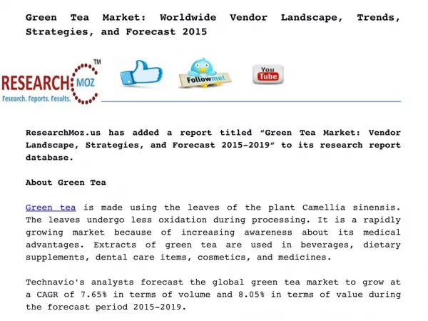 Green Tea Market: Worldwide Vendor Landscape, Trends, Strategies, and Forecast 2015