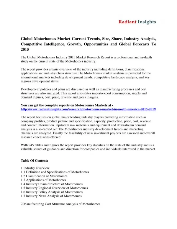 Global Motorhomes Market trends Analysis To 2015