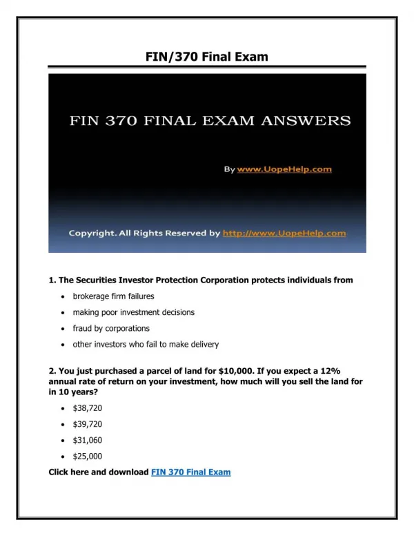 FIN 370 Final Exam New UOP Course Tutorial